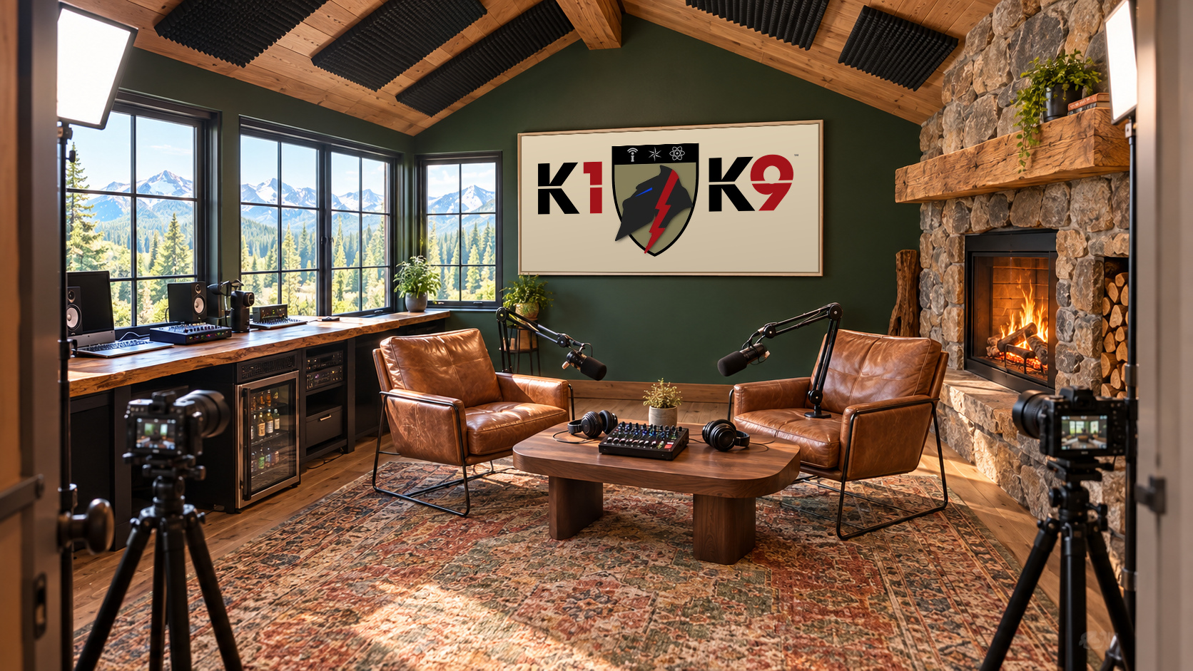 AI-generated K1K9 mountain podcast studio with stone fireplace, microphones, compact cameras and the approved K1K9 logo