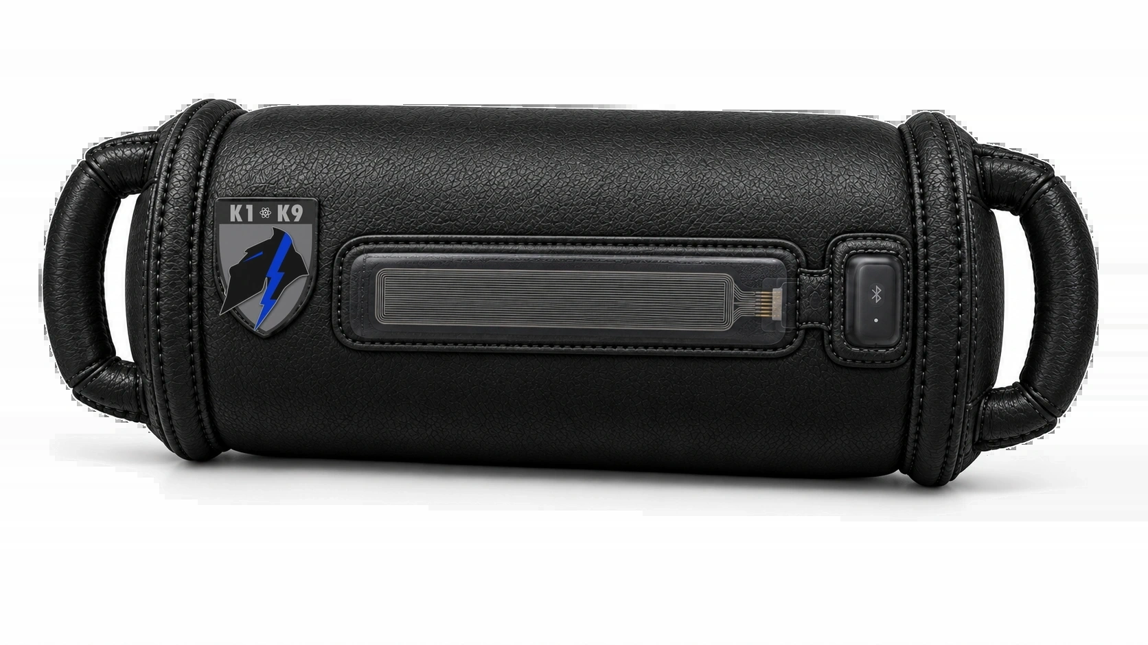 Approved blue-branded wide-mouth developer showing the sensor inside its external pocket and adjacent Bluetooth transmitter