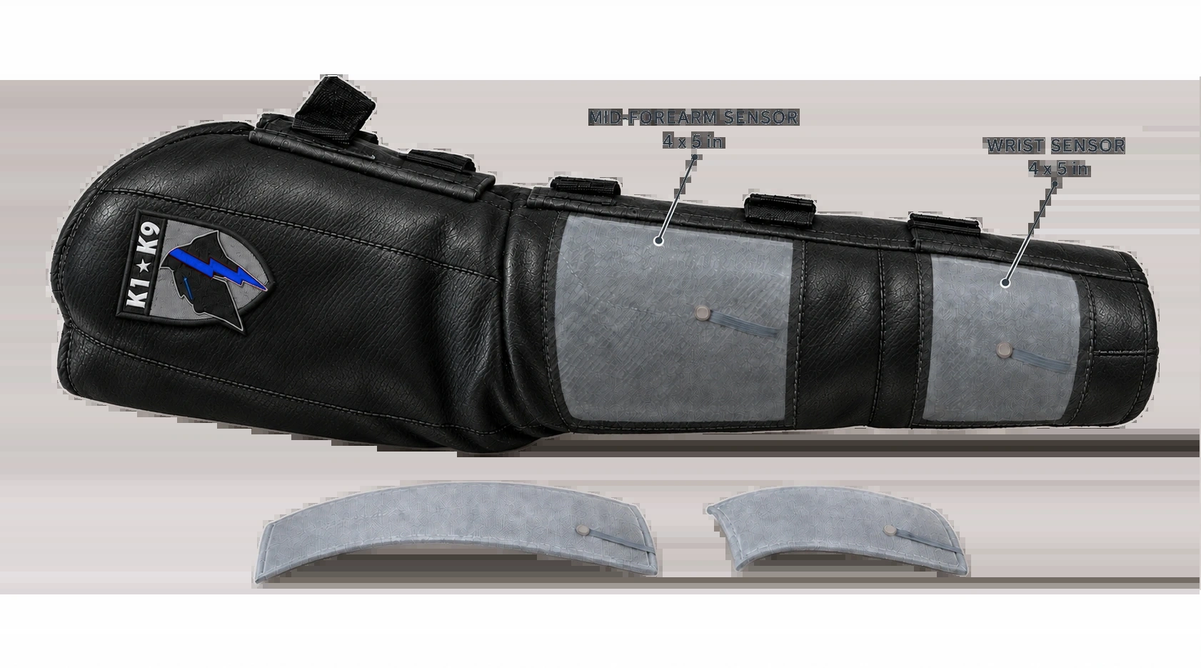 Approved black-leather hidden sleeve with blue lightning logo and transparent wrist and forearm sensor pockets