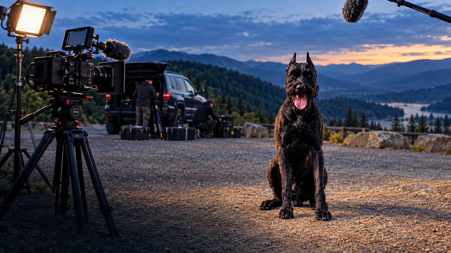 AI-generated Giant Schnauzer at a mountain filming location with professional cameras and lighting