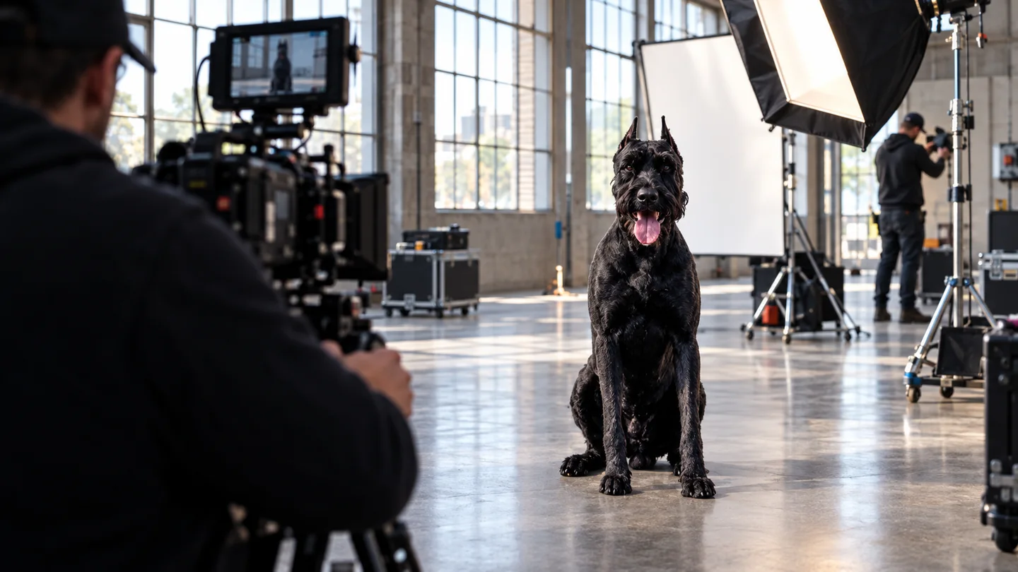 AI-generated Giant Schnauzer at a warehouse film studio with professional cameras and lighting