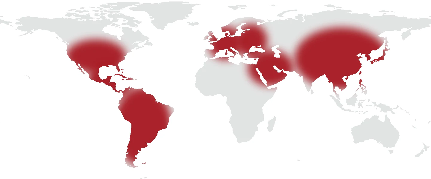 World map with illustrative highlights for the United States, Latin America, South America, Europe, Eastern Europe, the Middle East and Asia.