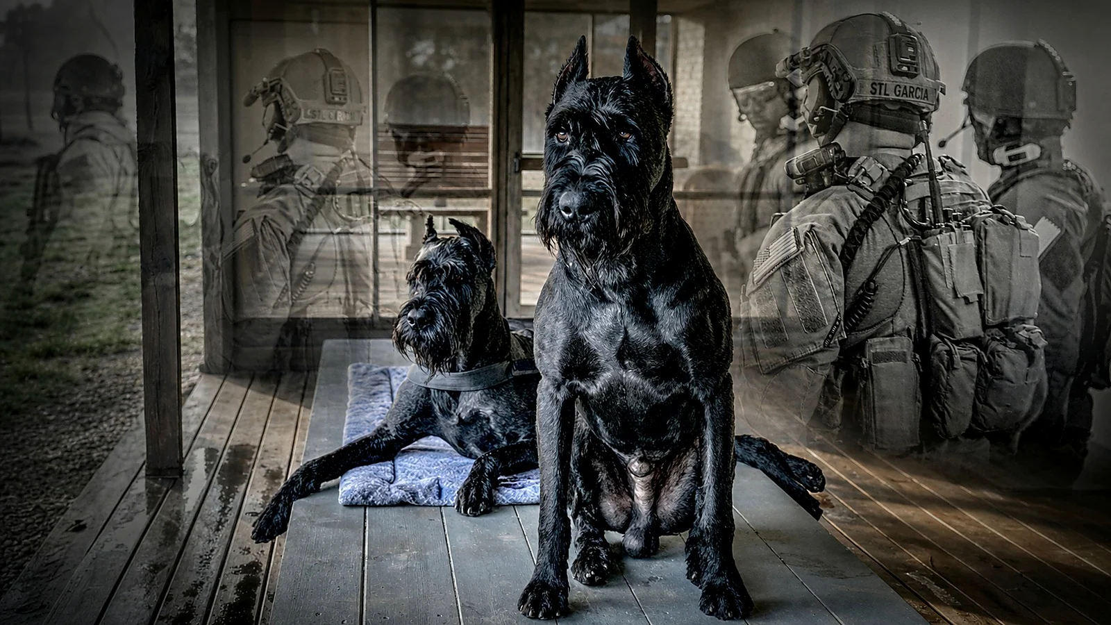 K1K9 Program banner — double-exposure composition of a stacked Giant Schnauzer overlaid with a doctrine porch scene, cinematic warm tones.