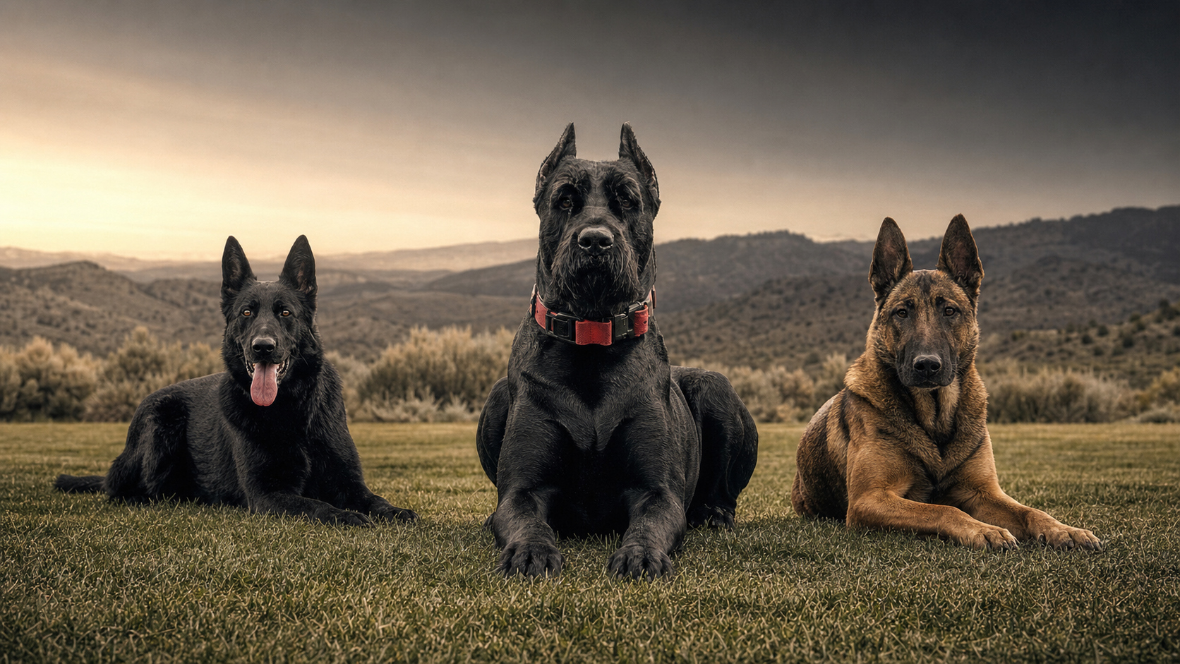 Three working K9s sitting together on the same open ground under a mountain horizon. On the left, a Slovak black German Shepherd. In the center, a K1K9 Giant Schnauzer wearing a red collar. On the right, a Belgian Malinois shepherd-cross.