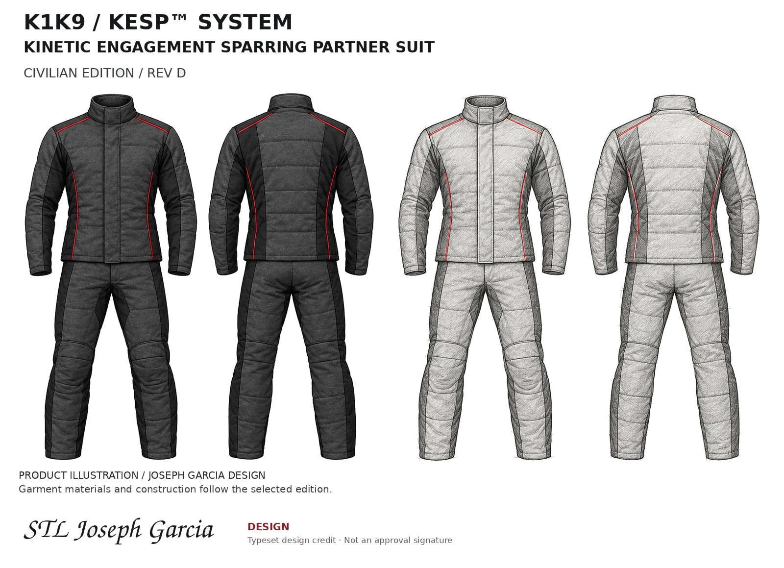 Gen 1 Production Design · KESP™ System · Civilian Suit: color and pencil front and rear drawings