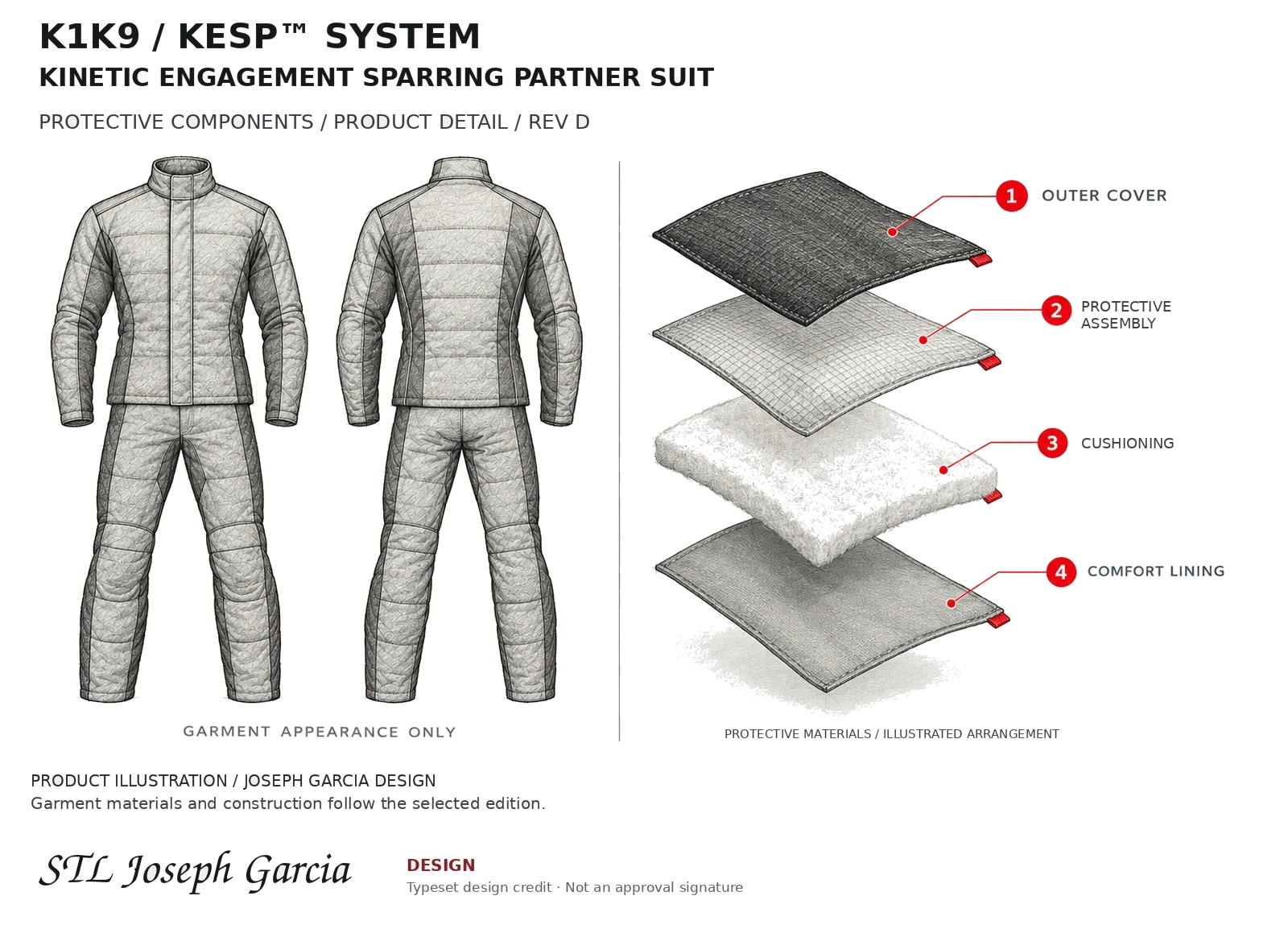 Gen 1 Production Design · Pencil garment views with proposed material components