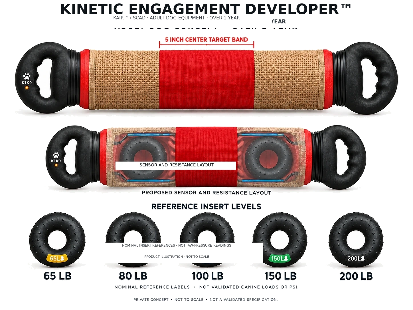 Gen 1 Production Design · Cylinder exterior, transparent cutaway and five nominal resistance-ring references