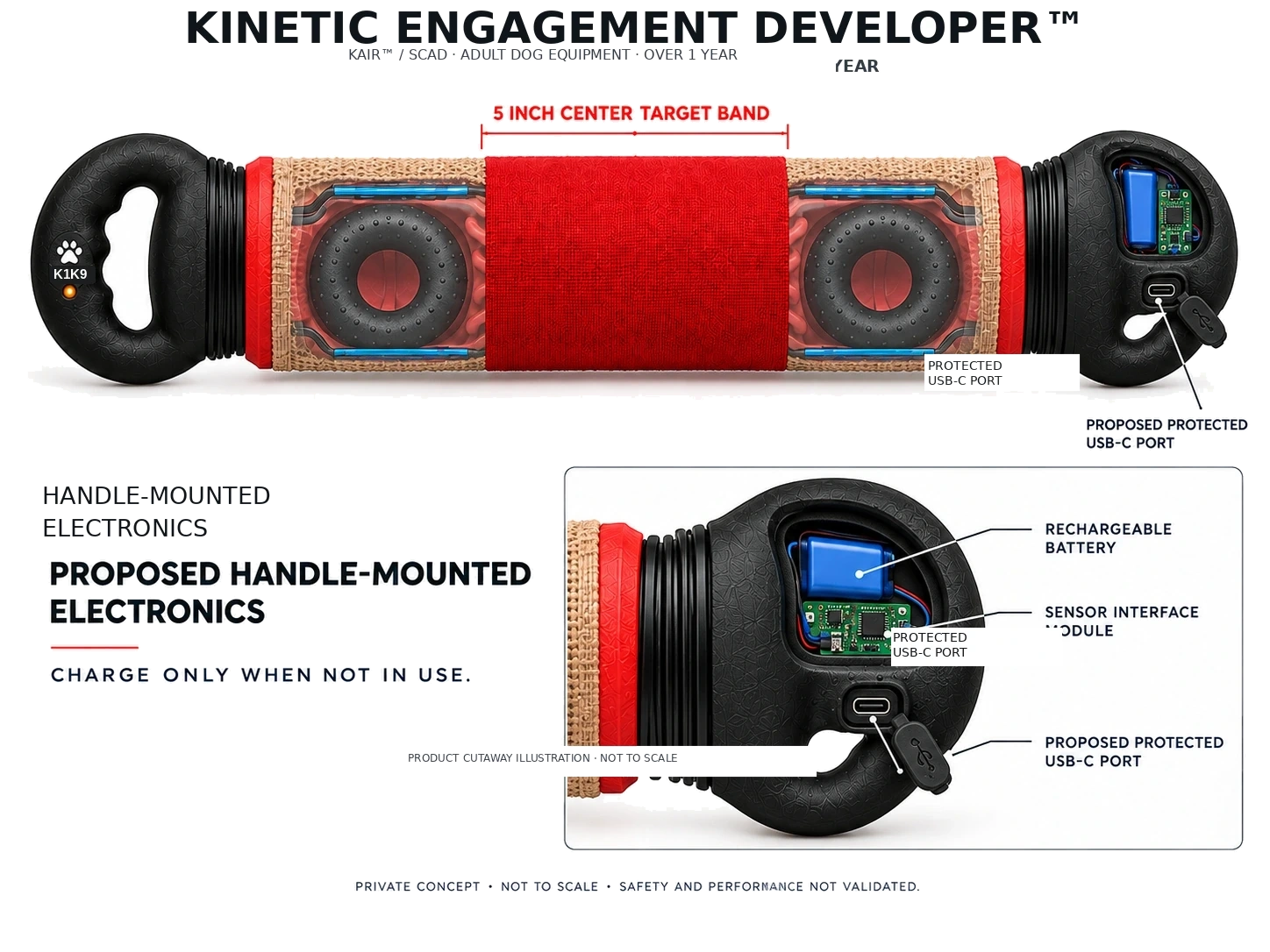 Gen 1 Production Design · Transparent cylinder with resistance rings, sensors and an enlarged handle cutaway showing battery, interface board and a recessed USB-C port under a flap