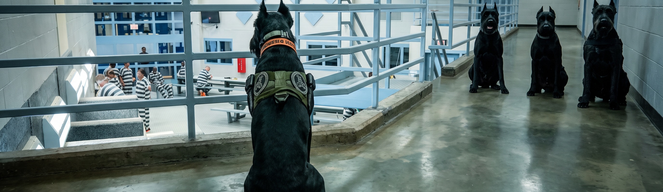 A K1K9 Giant Schnauzer in a tactical harness sits on overwatch on a corrections mezzanine, watching inmates in striped uniforms in the day room below. Down the same corridor, three additional Giant Schnauzers of the K1K9 pack sit in calm formation, watching alongside.