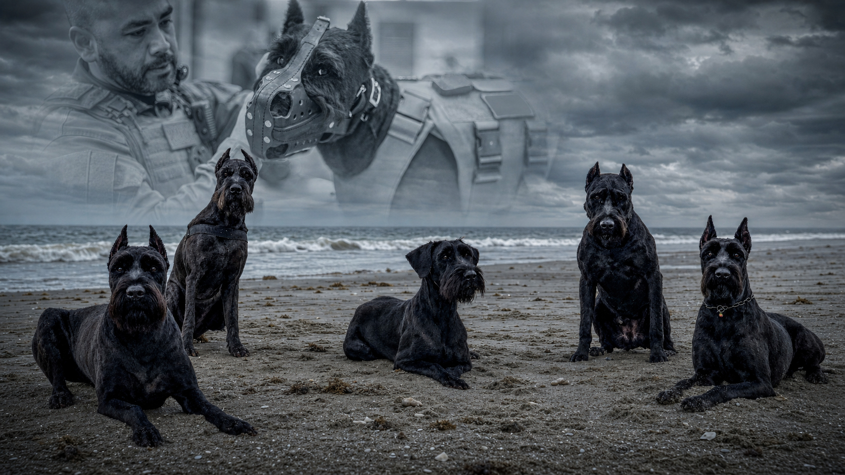 Five K1K9 Giant Schnauzers on the beach — bred, not selected
