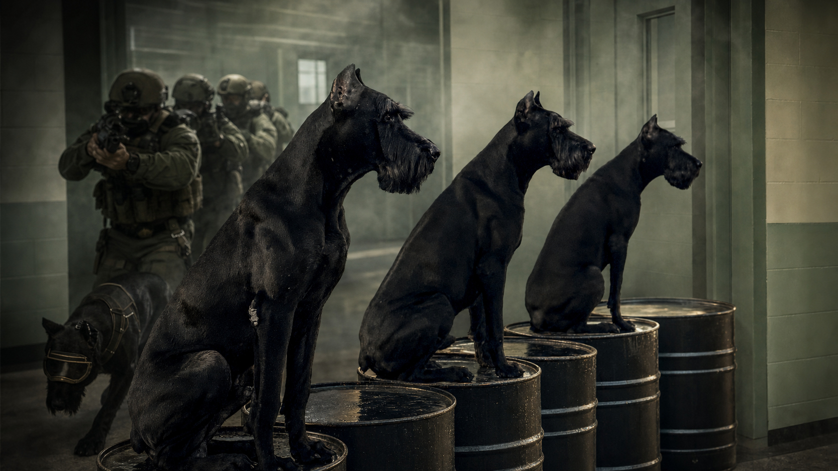 Three High-Performance Giant Schnauzers seated on barrels in a corrections corridor, working K1K9 muzzled in the foreground, tactical stack advancing behind through smoke.