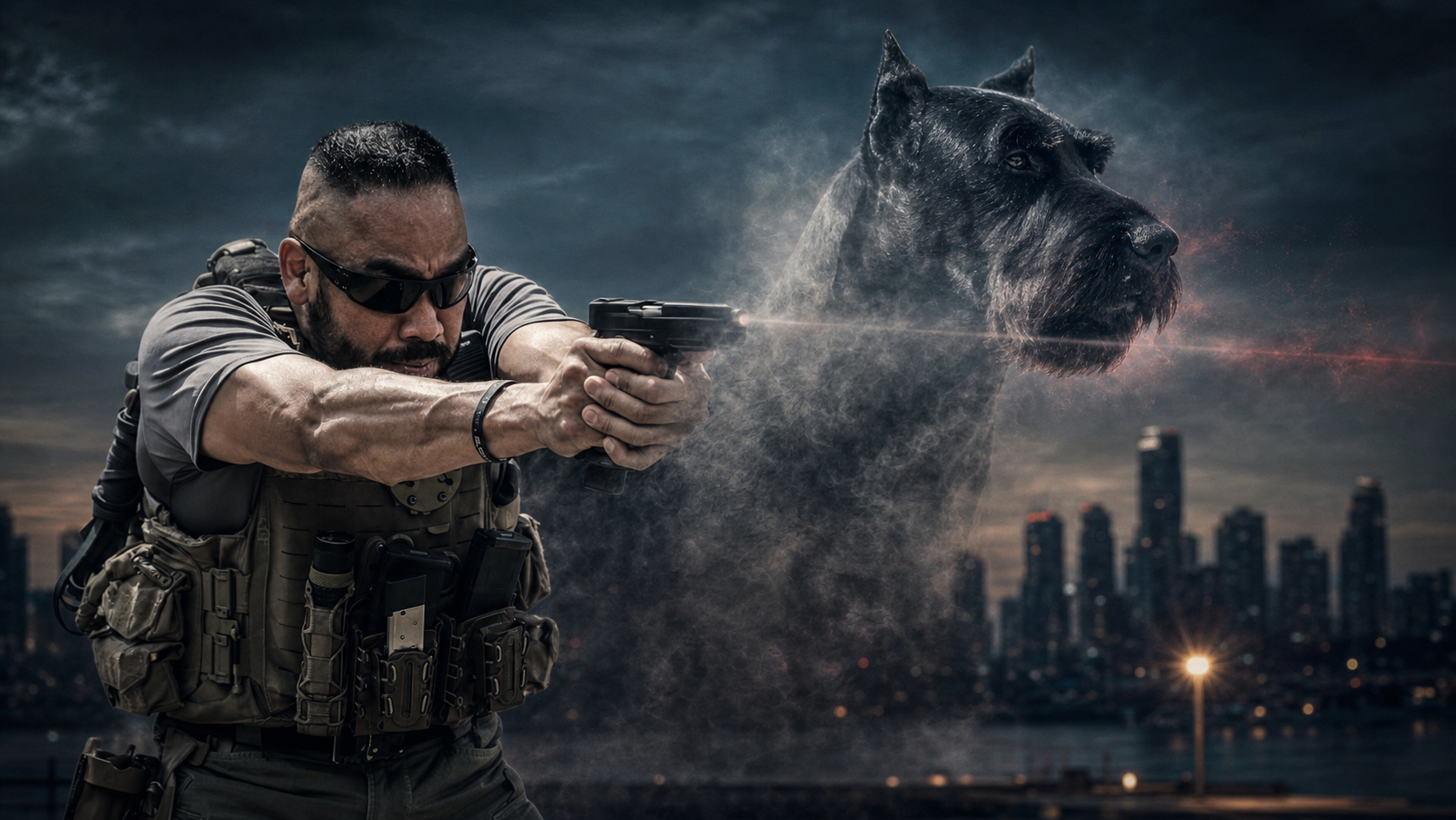 K1K9 Senior Handler on the pistol with a black Giant Schnauzer emerging through the muzzle smoke